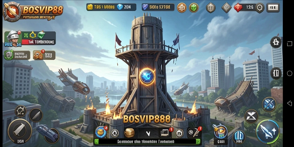 Tangkapan layar BOSVIP88 menampilkan strategi pertahanan menara yang menegangkan.
