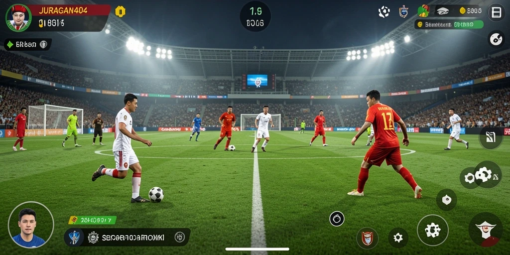 Screenshot utama JURAGAN404 menampilkan aksi mendebarkan di lapangan sepak bola.