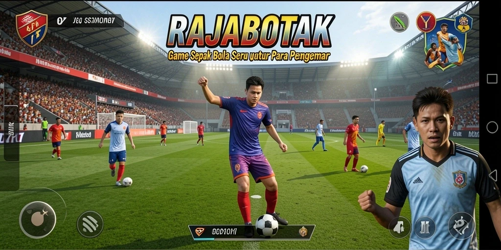 Screenshot gameplay RAJABOTAK menampilkan aksi seru pertandingan sepak bola.