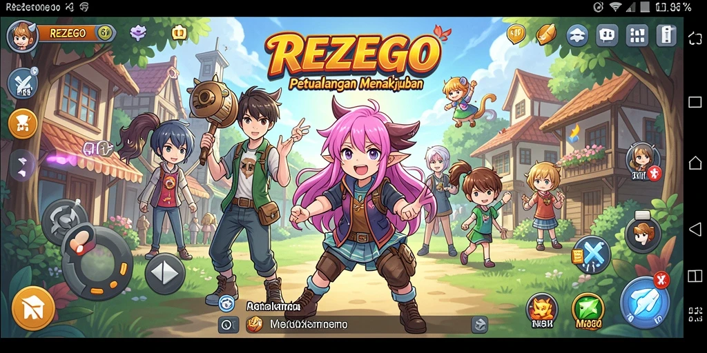 Tangkapan layar dari gameplay <strong>REZEGO</strong> yang menampilkan karakter anime yang dinamis.