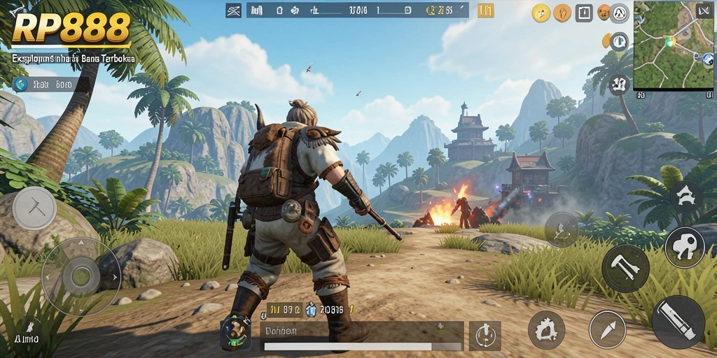 Screenshot menunjukkan pemain menjelajahi dunia terbuka yang luas.